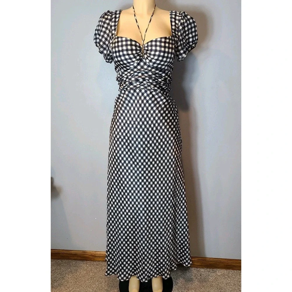 J crew collection tie neck maxi dress cap sleeve gingham black sz 12 Cottage NEW